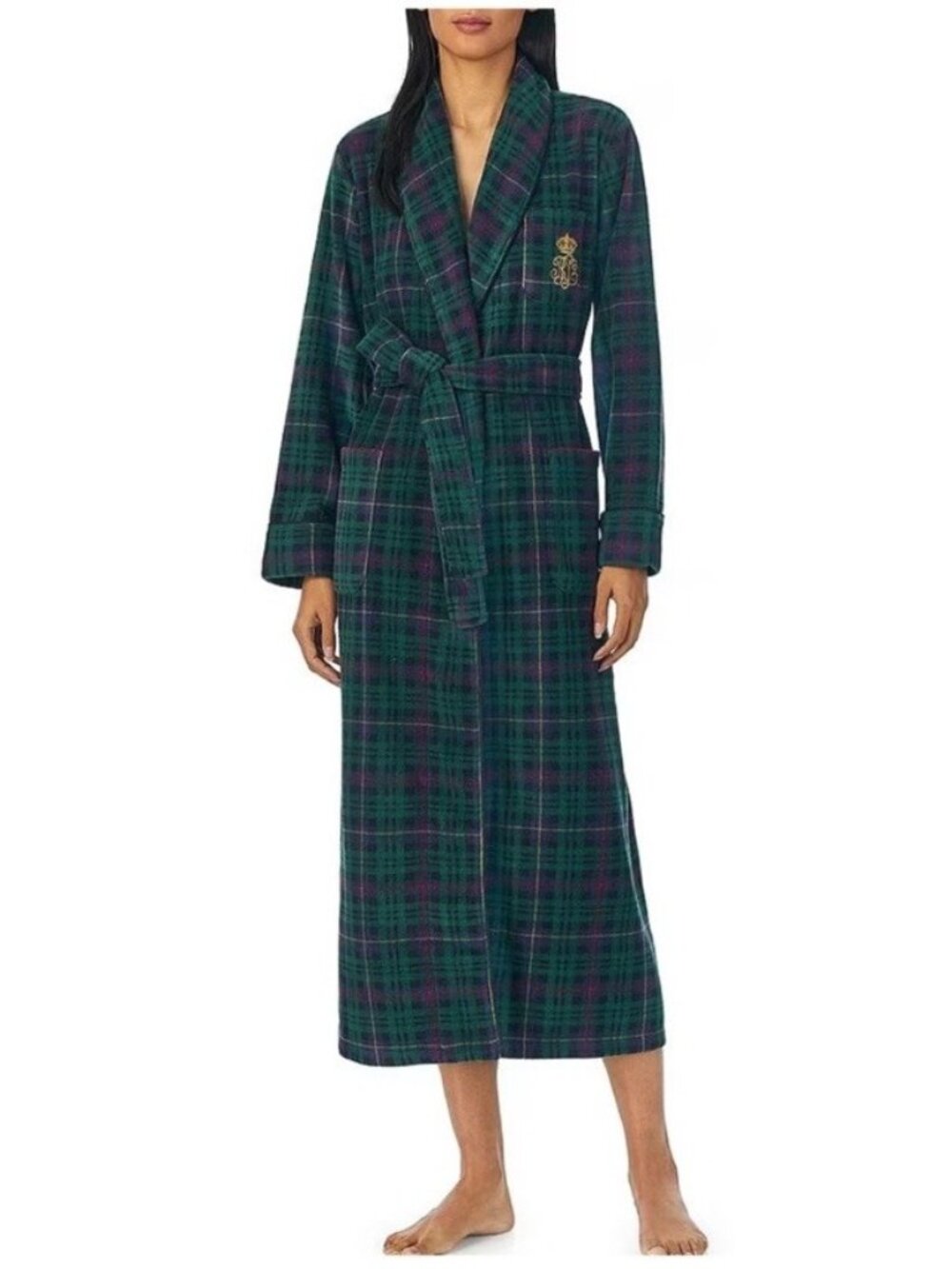 Lauren Ralph Lauren LARGE Shaw Collar Micro Plaid Fleece Robe NEW